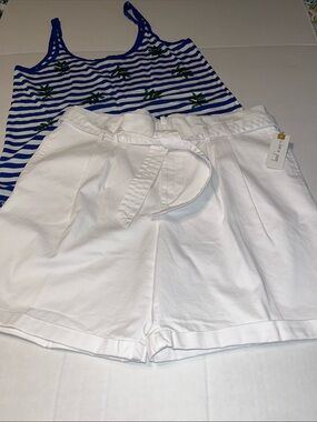J. Crew Striped Blue & White Tank & White High-Waist Belted Shorts NWT Size 14